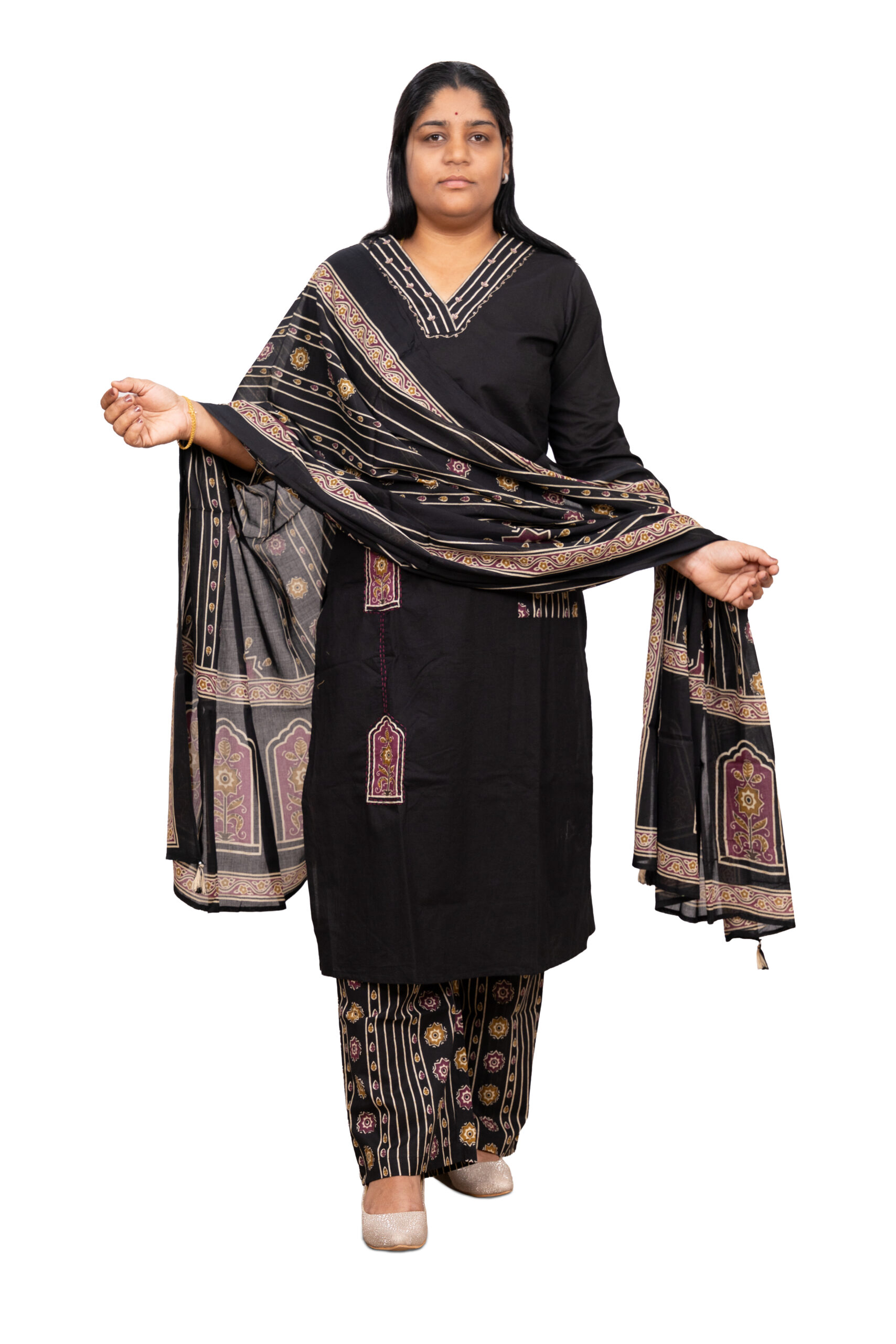 Banglore Fashions Women's Mull Cotton Kurta Set with Scallop Work- Black