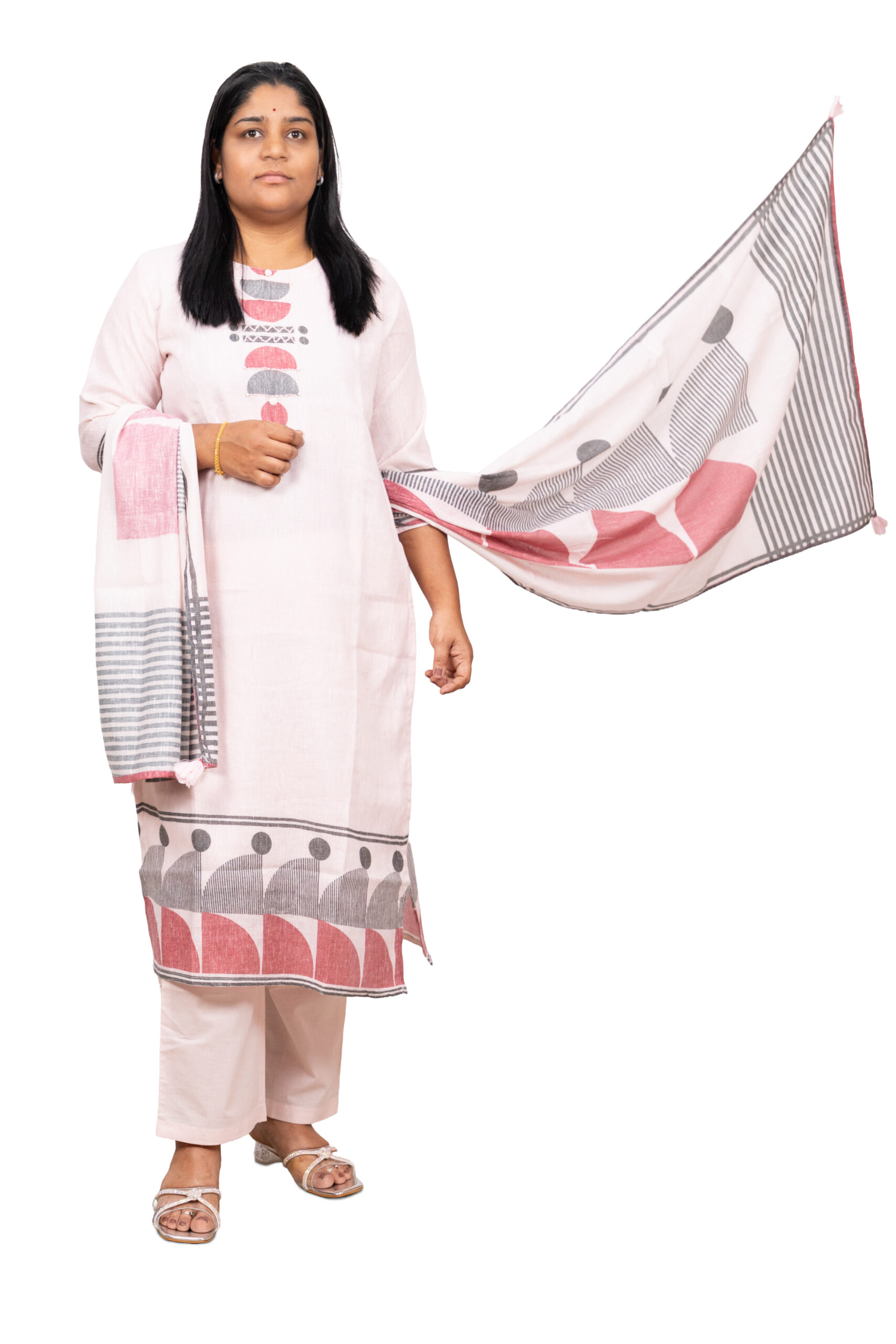 Banglore Fashions Women's Mull Chanderi Embroidered Kurta Set with Palazzo - light pink