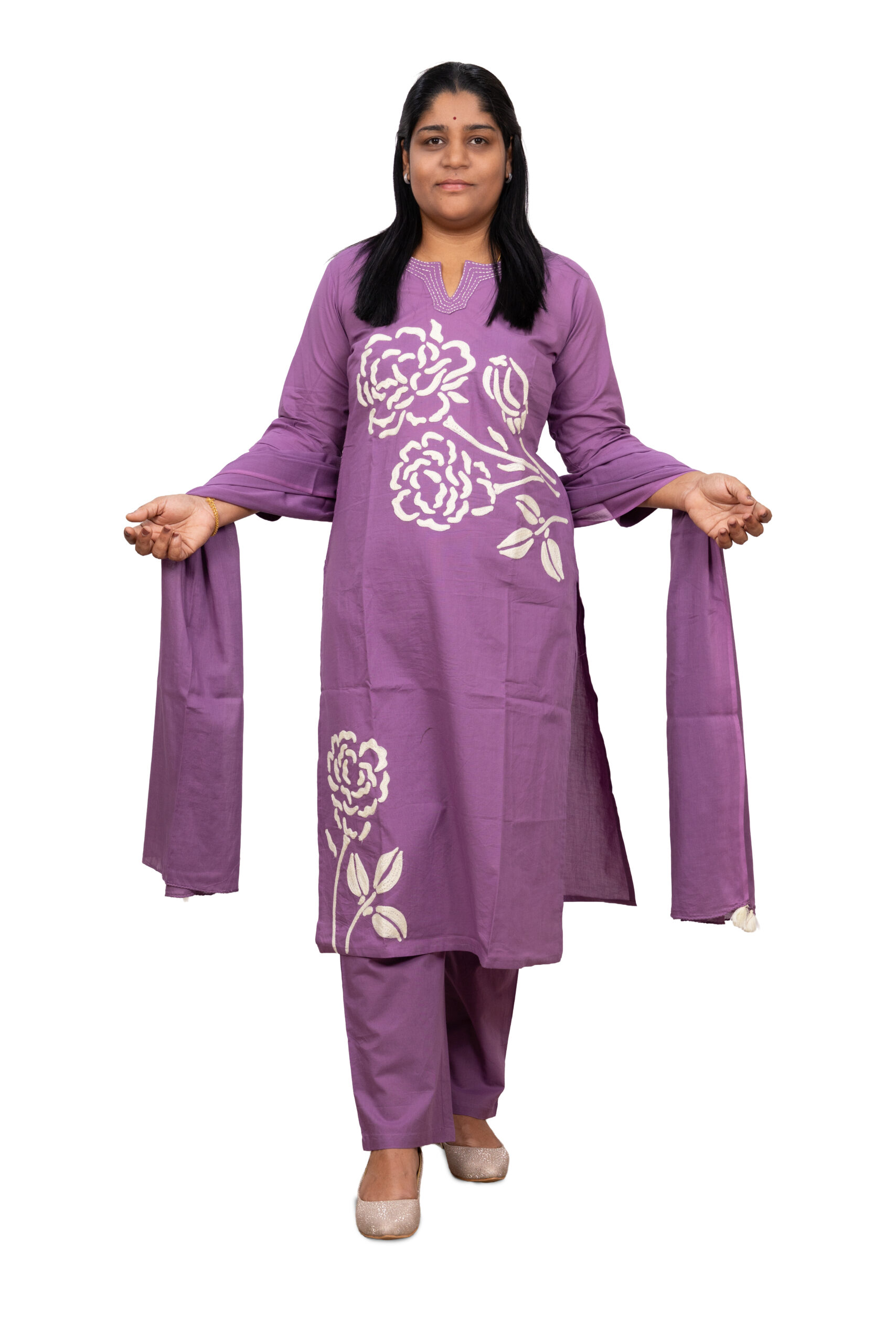 Banglore Fashions Women's Mull Cotton Embroidered Kurta Set with Dupatta - Purple
