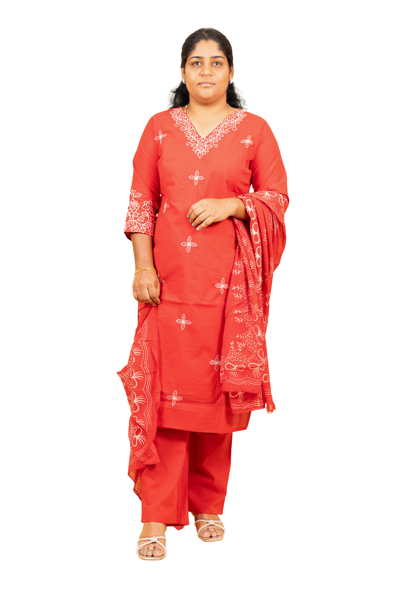 Banglore Fashions Women's Pure Cotton V-Neck Kurta Set with Embroidery - Orange