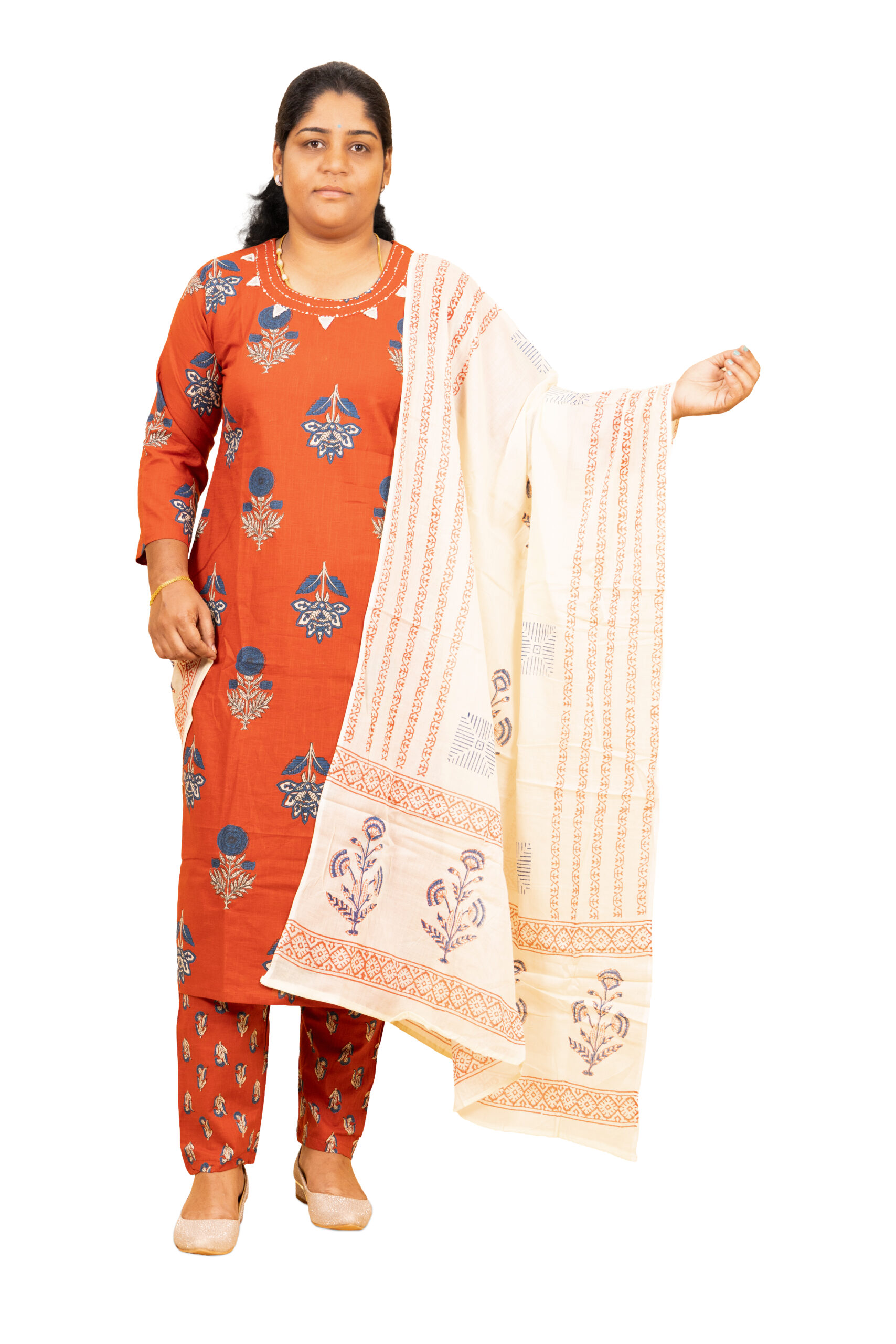Banglore Fashions Women's Pure Cotton Ajrakh Print Kurta Set with Contrast Dupatta - Orange
