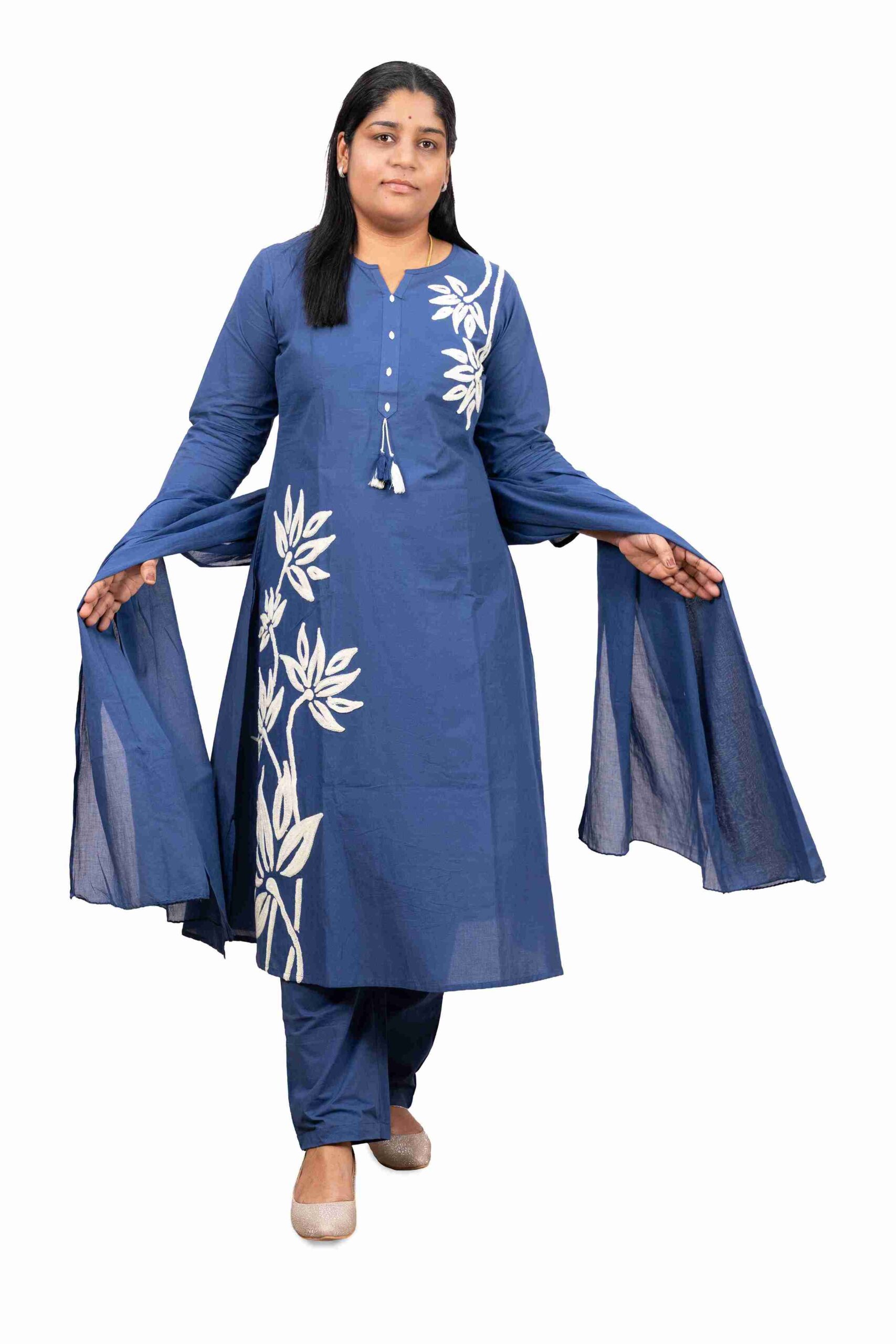 Banglore Fashion's Women's Mull Cotton A-Line Embroidered Kurta Set