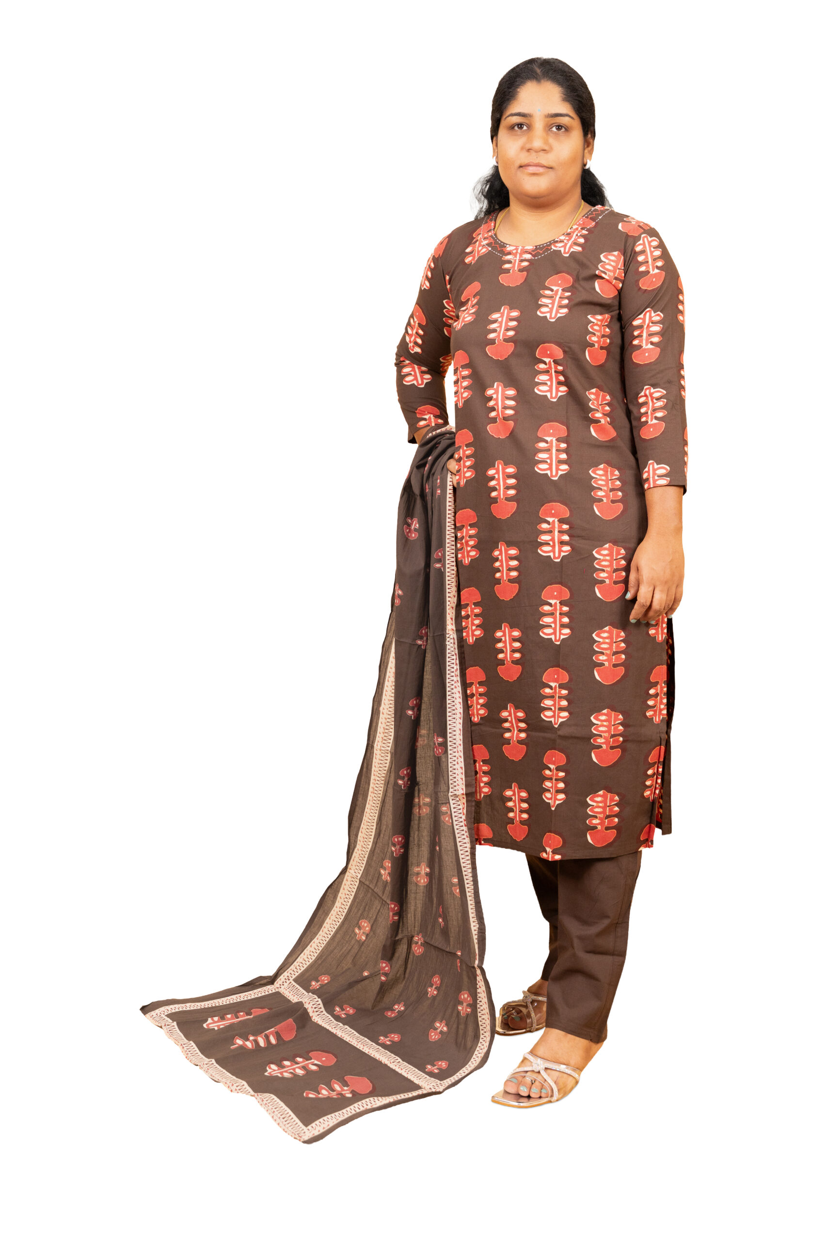 Banglore Fashions Women's Cotton Block Print Kurta Set with Dupatta - Brown & Orange
