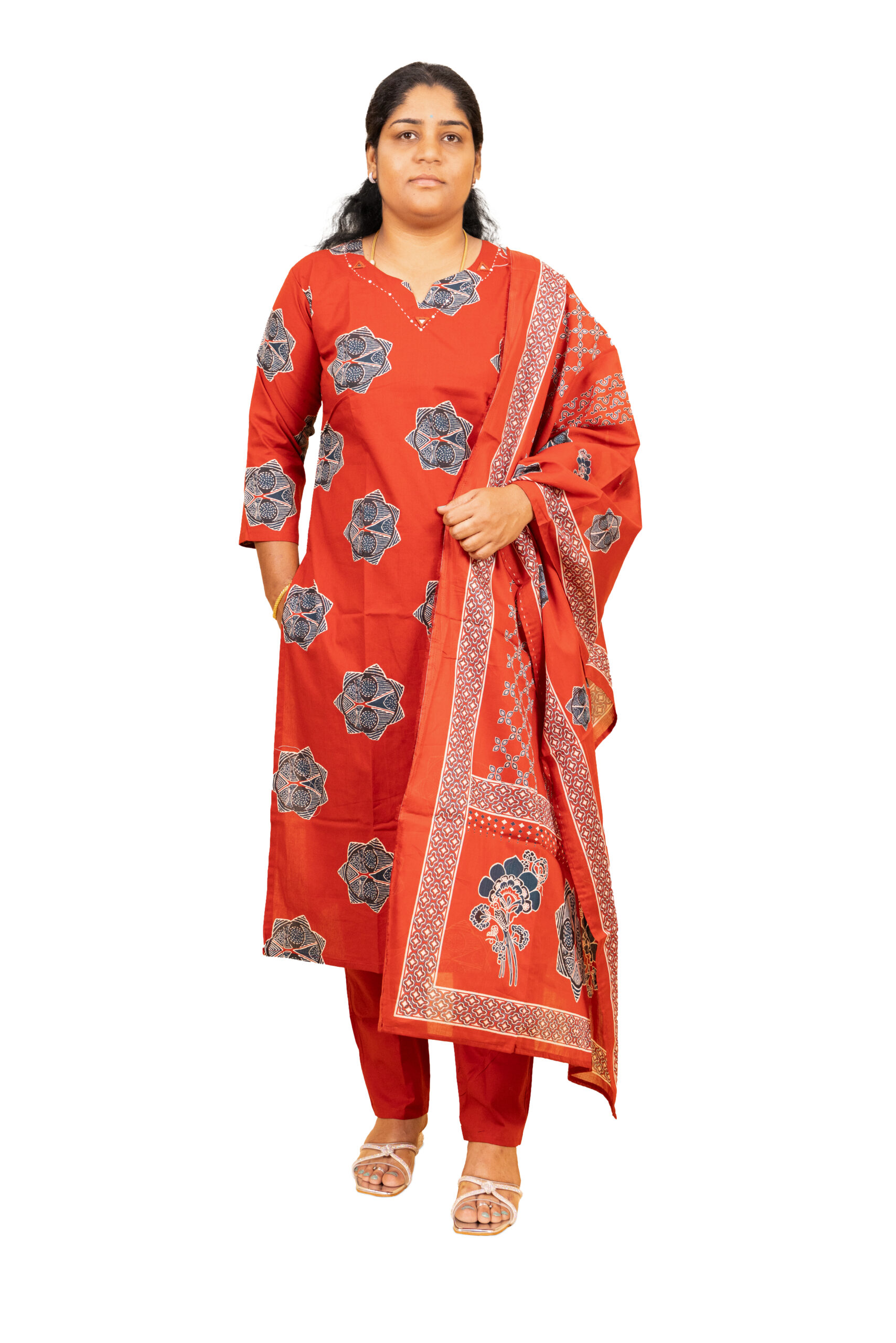 Banglore Fashions Women's Pure Cotton Ajrakh Print Kurta Set with Dupatta - Orange
