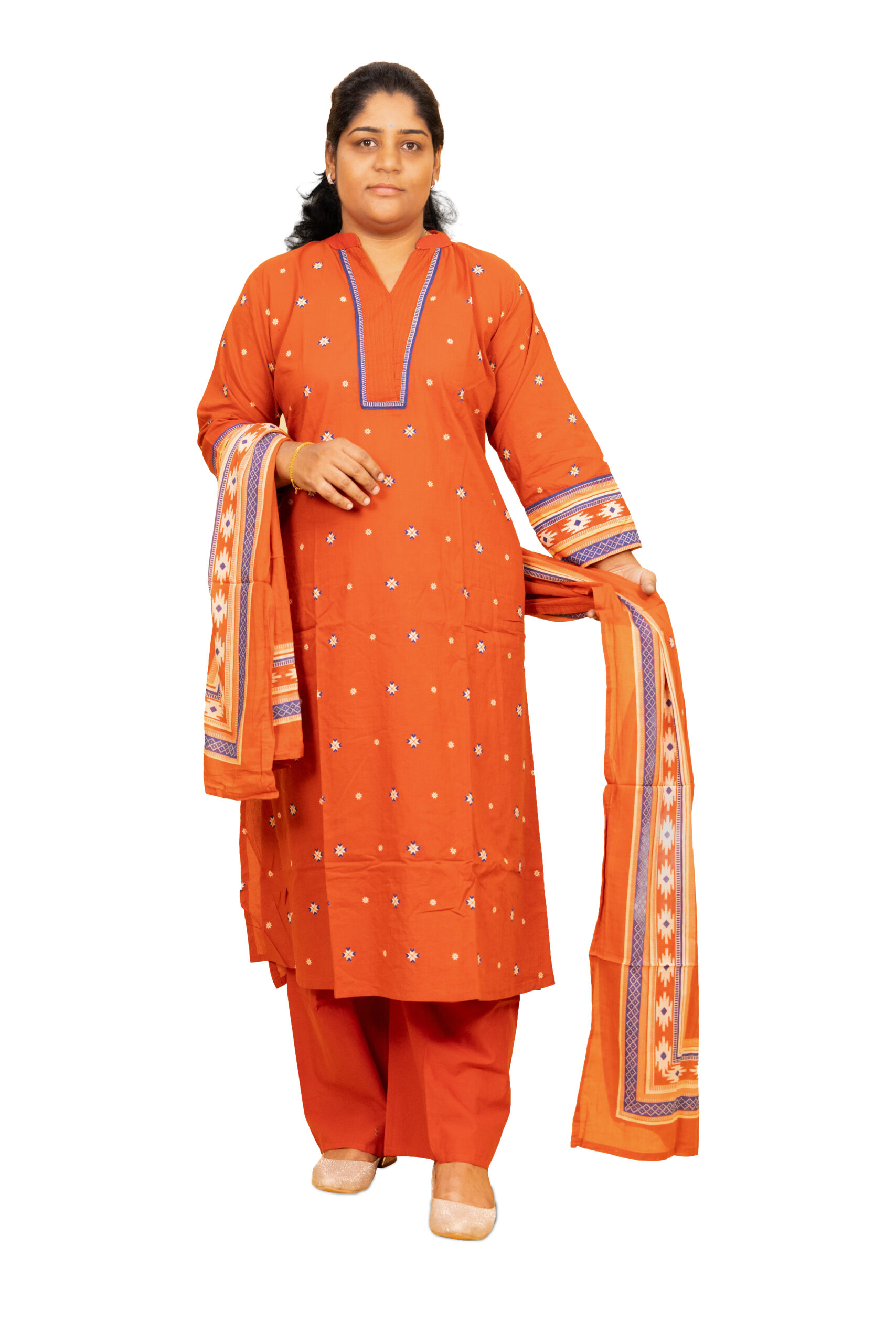 Banglore Fashions Women's Pure Cotton Embroidered Kurta Set with Dupatta - Orange