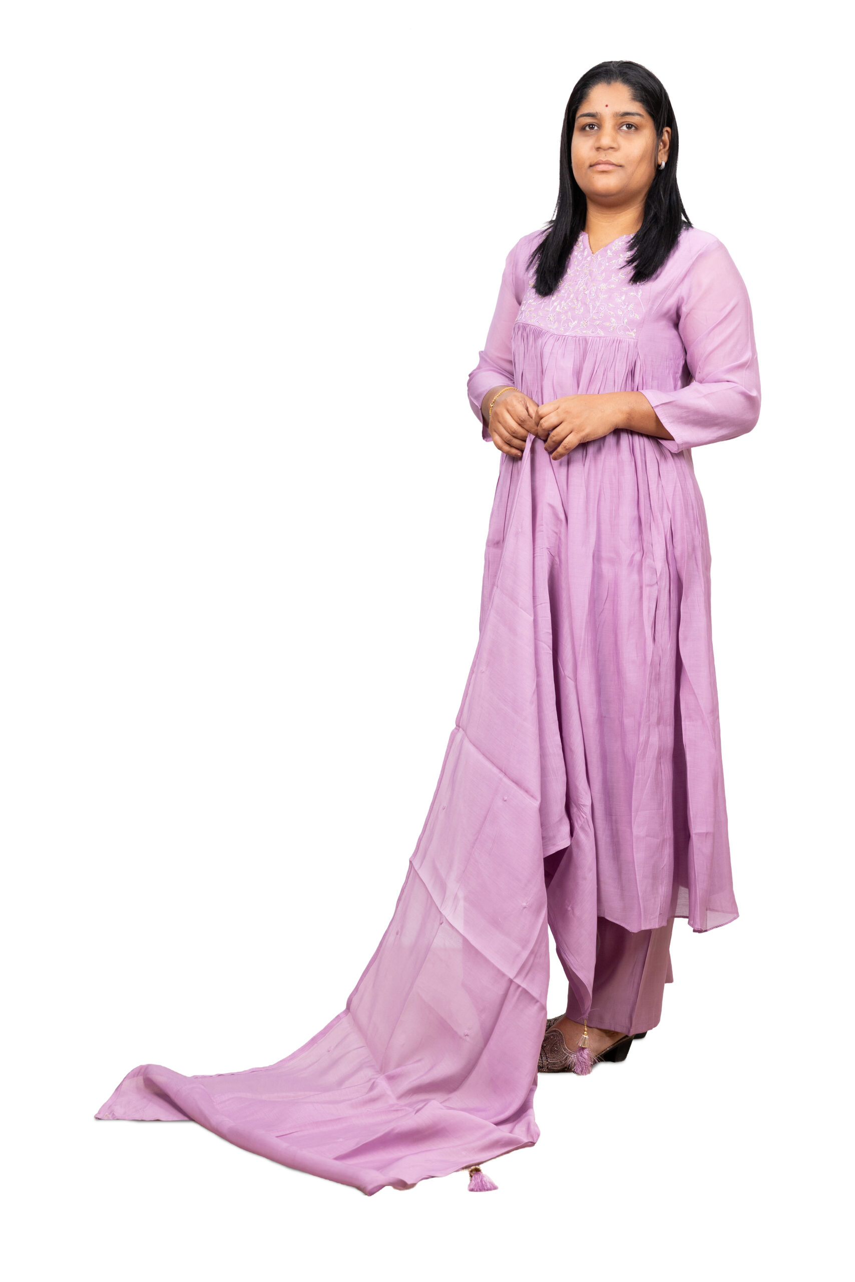 Banglore Fashions Women's Mull Chanderi Embroidered Kurta Set with Palazzo - Purple