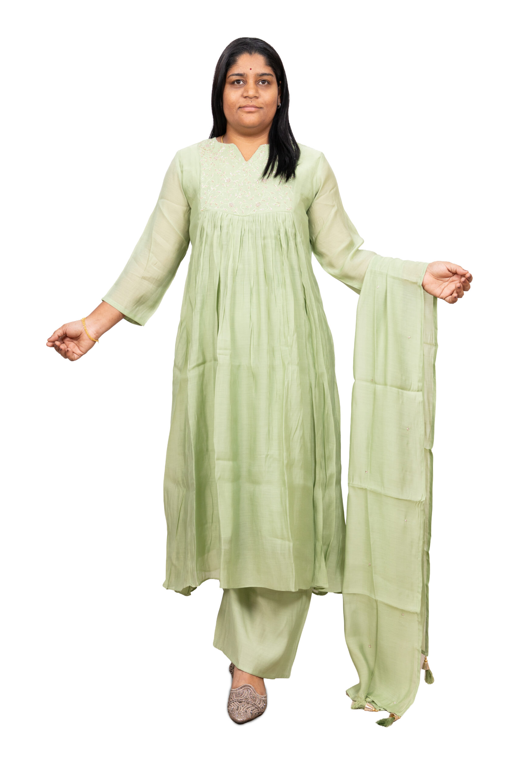 Banglore Fashions Women's Mull Chanderi Embroidered Kurta Set with Palazzo - Green
