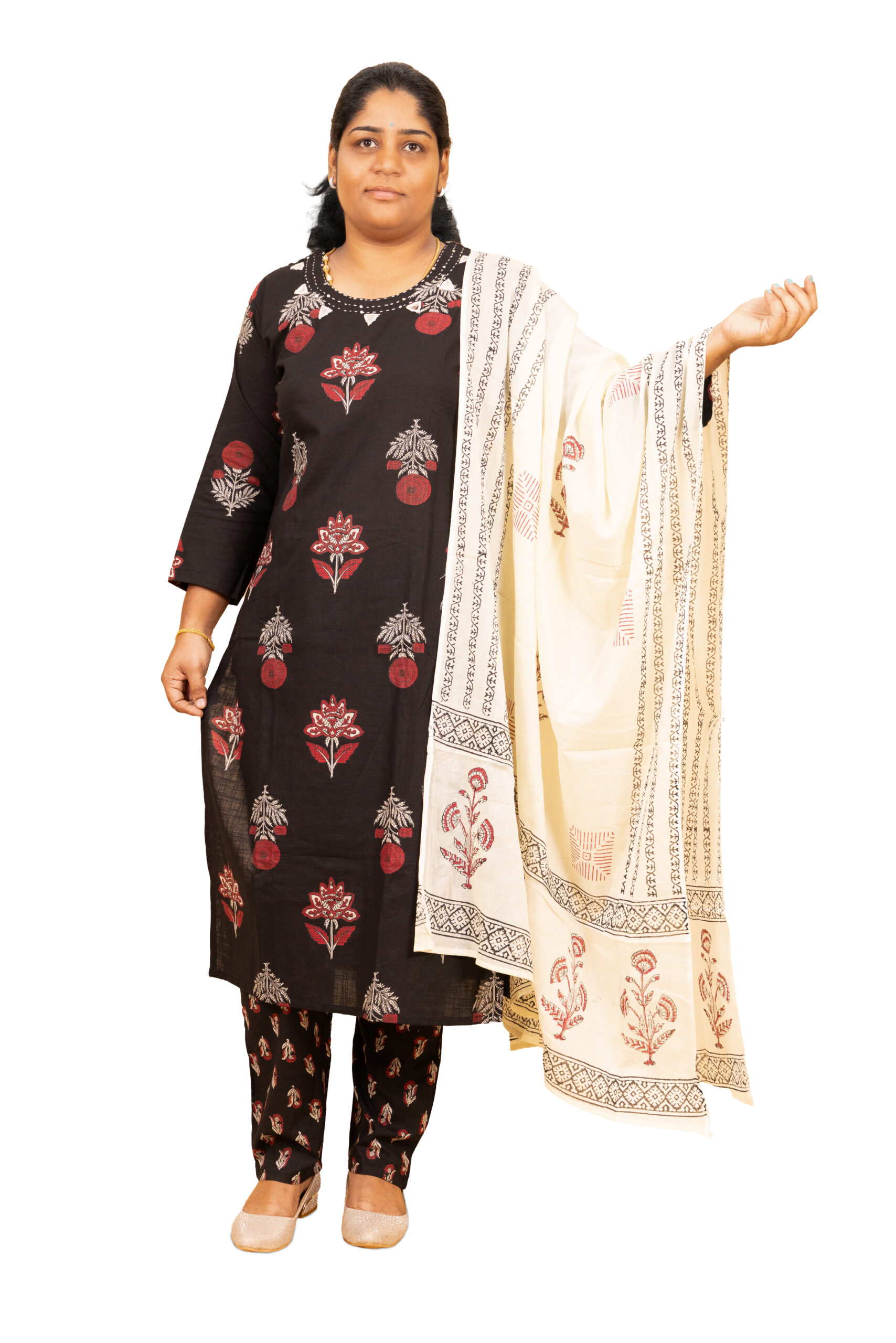 Banglore Fashions Women's Pure Cotton Embroidered Kurta Set with Dupatta - Black