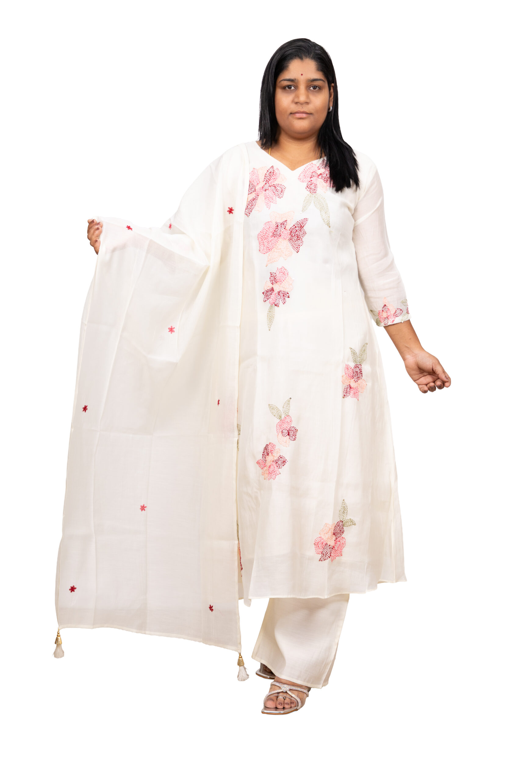 Banglore Fashions Women's Mull Chanderi Embroidered Kurta Set with Palazzo - White