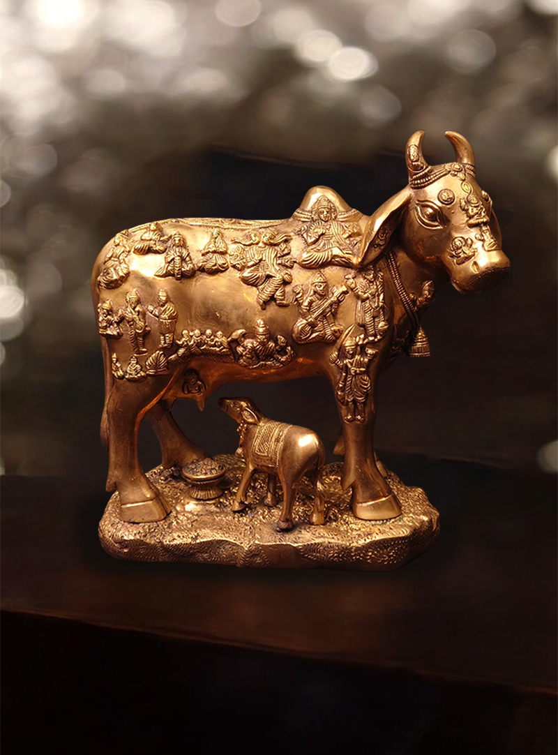 Brass Cow and Calf Figurine – Bharathiyam