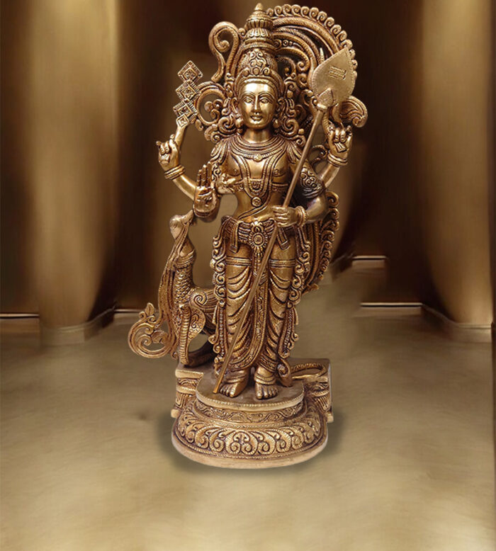 A handcrafted traditional brass Muruga idol available at Bharathiyam House Of Handicrafts in Coimbatore.