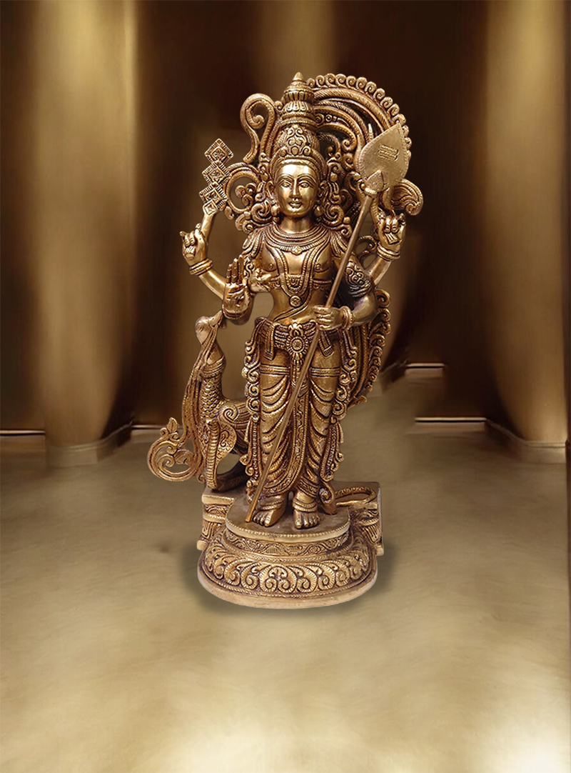 A handcrafted traditional brass Muruga idol available at Bharathiyam House Of Handicrafts in Coimbatore.