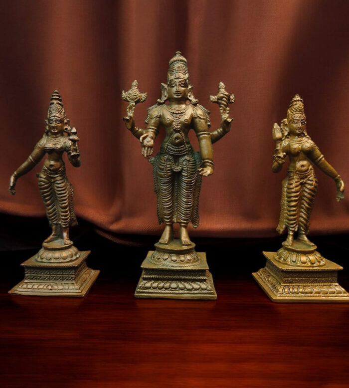 Chola Bronze Vishnu Sreedevi Boodevi 3 pc Set (Antique  Patina Finish)...more details..