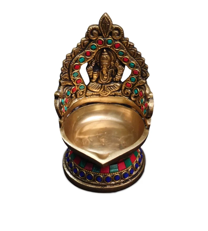 Brass Ganesha Lamp (Stone Work)