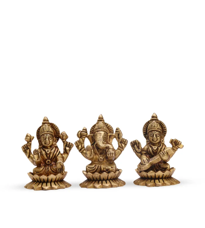 Brass Ganesha Lakshmi Saraswathy Set Lotus Base