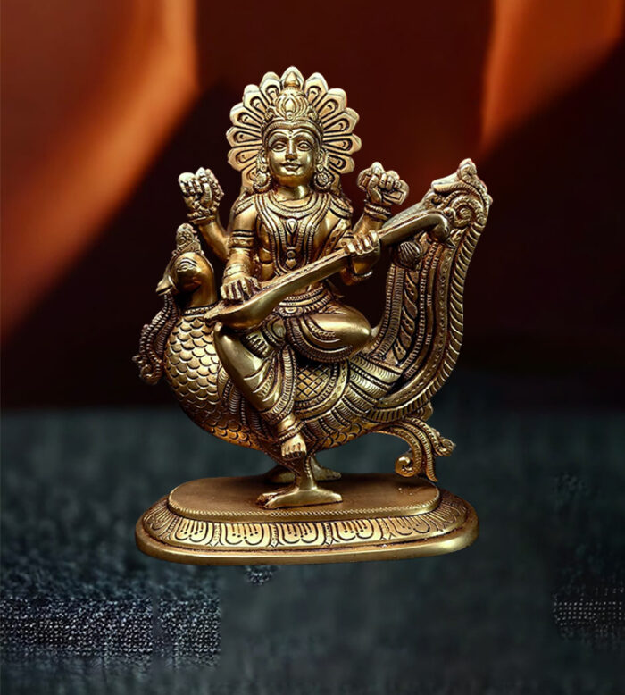 beautifully handcrafted brass Saraswati goddess idol available at Bharathiyam House Of Handicrafts in Coimbatore.