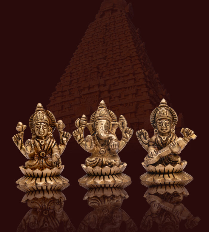 Brass Ganesha Lakshmi Saraswathy Set Lotus Base