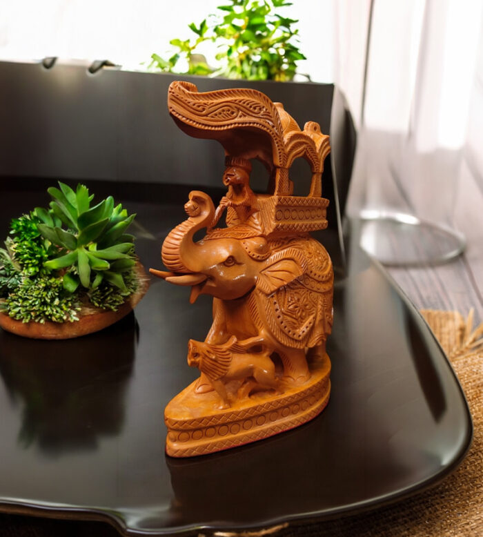 White Wood Carving Ambari Elephant