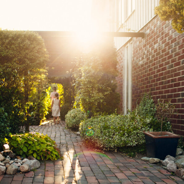 Rear view of brother and sister walking in backyard
