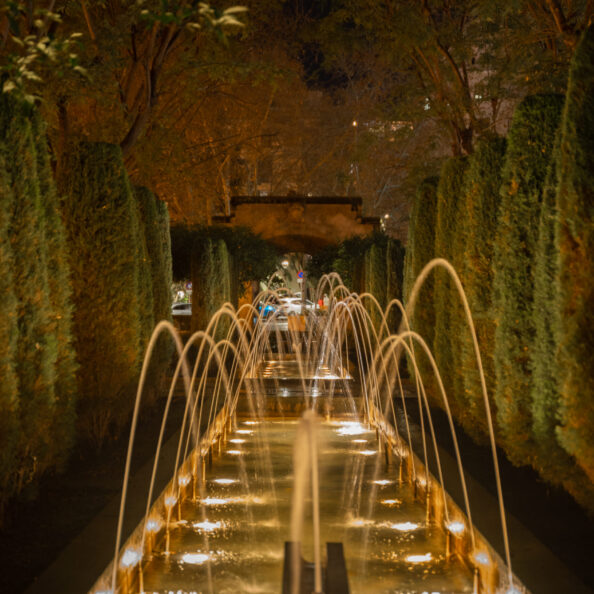 Fountain in the gardens of S'Hort del Rei at night in the city of Palma de Mallorca, Spain