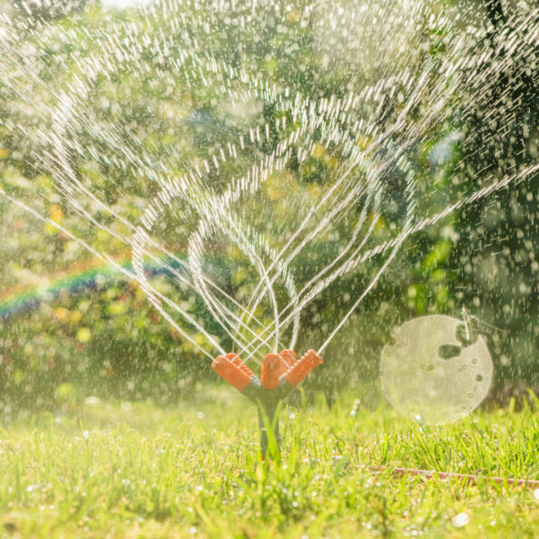 Lawn water sprinkler spraying water over green fresh grass in garden or backyard on hot summer day. Automatic watering equipment, lawn maintenance, gardening and tools concept.