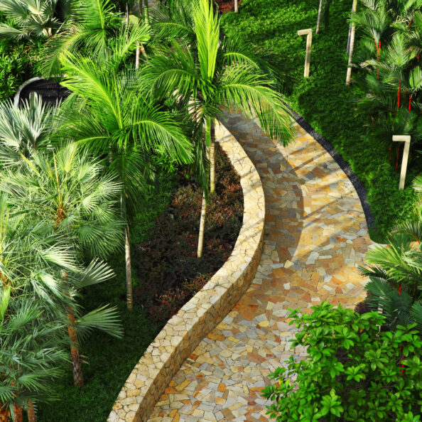 Stone path in green tree garden