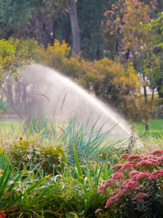 Blooming flowers in summer park. Water sprinkler in a garden pouring flowers. Spring landscape.