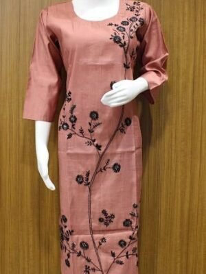Dusty Rose Kurti With Black Floral And Leaf Motifs In Thread Work