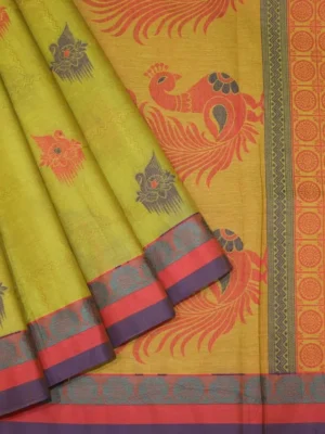 Handloom Pure Kovai Cotton Saree In Light Green With Peacock Thread Work