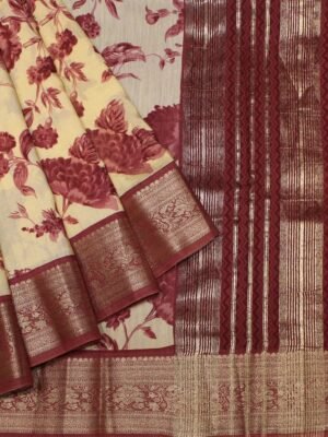 Semi Chanderi Saree in Cream White with Pastel Maroon Floral Prints