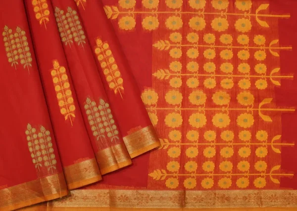 Pure Kovai Cotton Saree In Chilly Red With Three Motifs