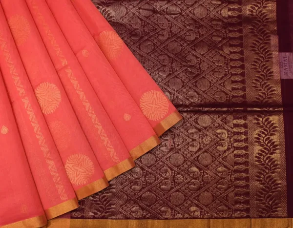 Pure Silk Cotton Saree In Coral Pink