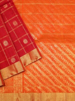 Silk Cotton Dark Red Saree In Checks Patterns