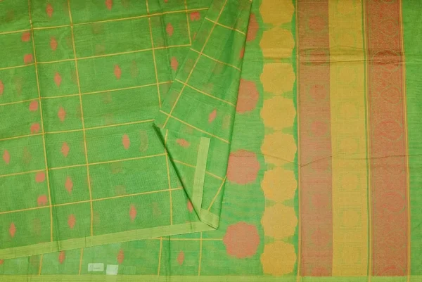 Pure Kovai Cotton Saree In Fern Green With Checks Pattern