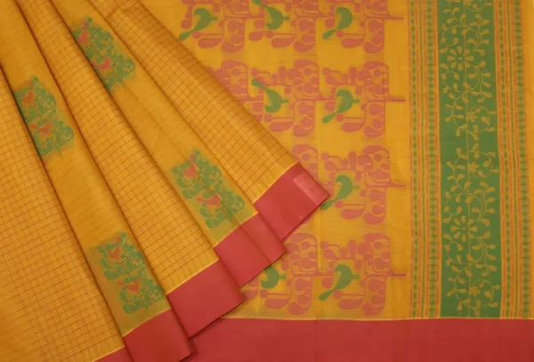 Pure Kovai Cotton Saree In Mango Yellow With Checks Pattern