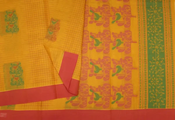 Pure Kovai Cotton Saree In Mango Yellow With Checks Pattern