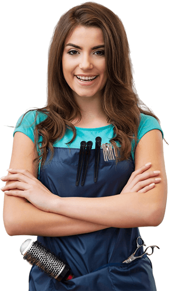 Smiling professional hair stylist from Artysto Salon, wearing an apron, ready to provide expert hair services.
