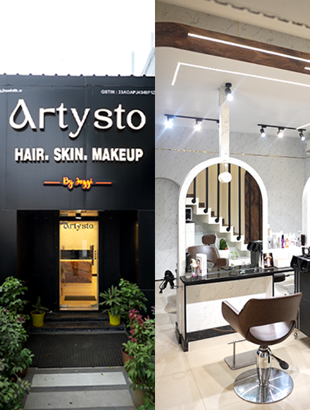 Artysto Salon interior and exterior view in Coimbatore, showing modern hair, skin, and makeup studio.